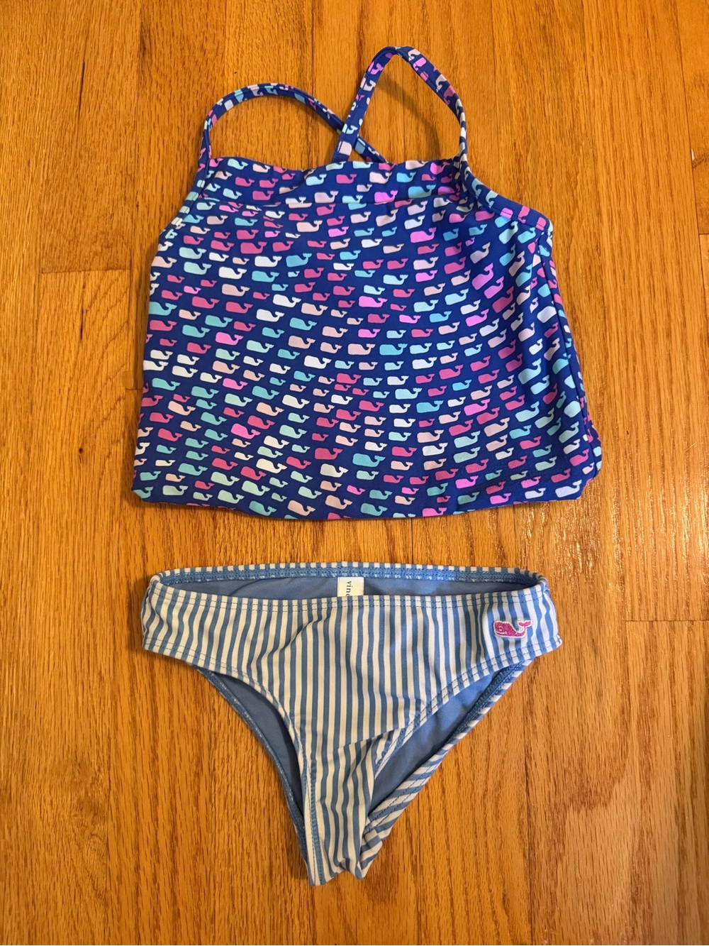 Vineyard Vines Light Blue & White Striped Girls Reversible two piece swimsuit